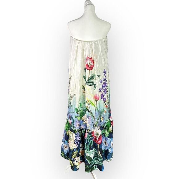 Anthropologie Midi  Dress Women's Med White Blue Floral Strapless Tunic High Low - Picture 5 of 12